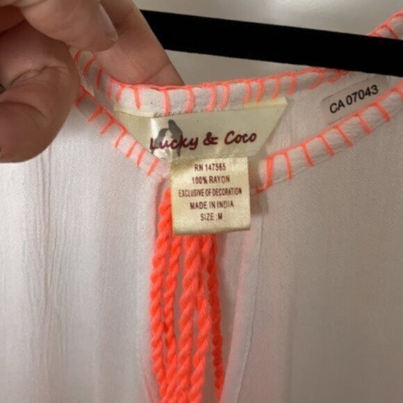 Lucky & Coco Women White Cold shoulder Neon Embroidered Swim Coverup Size Medium - Picture 5 of 9